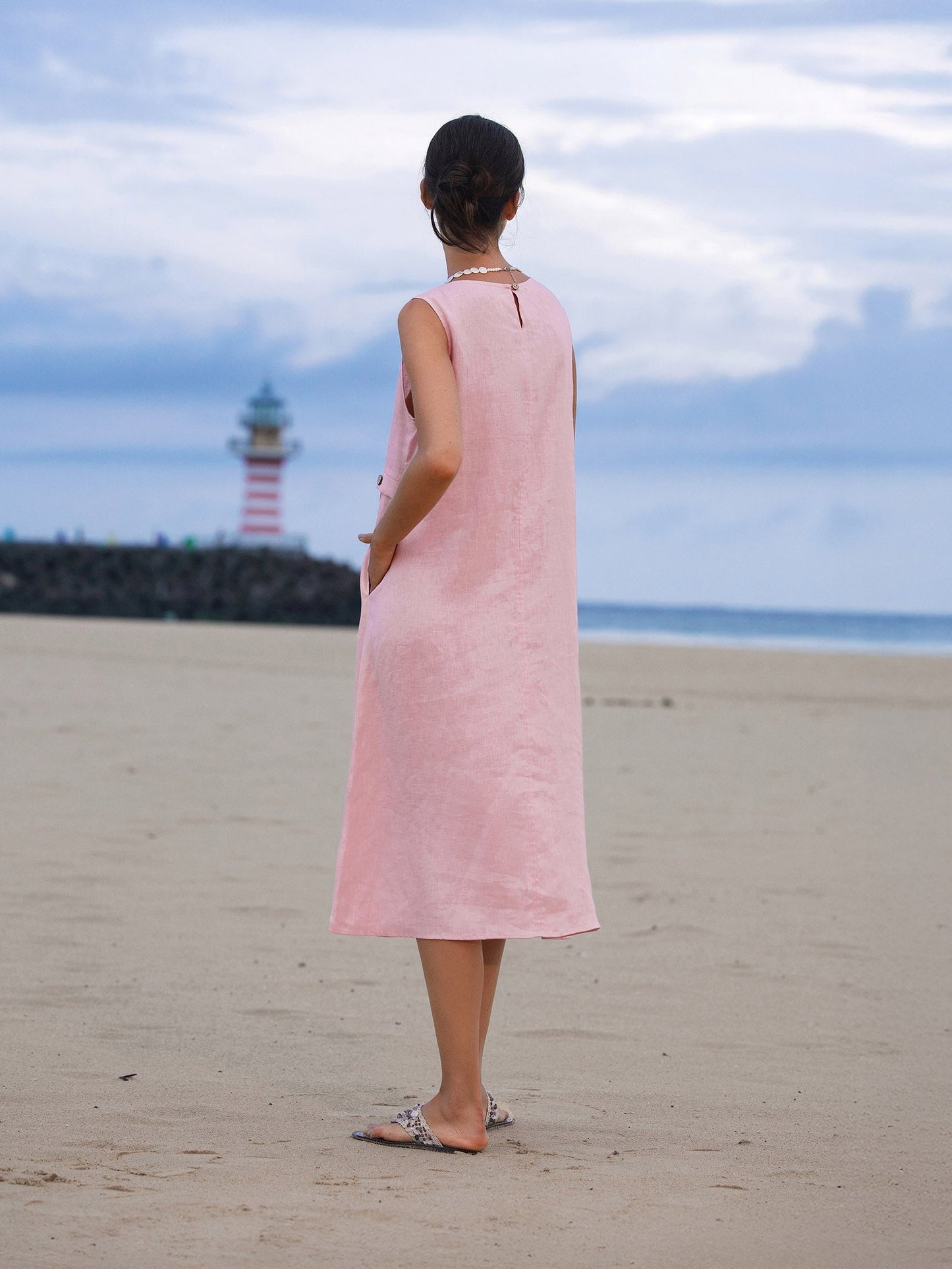 100% Linen Sleeveless Midi Dress with Accordion Pleats and Pockets – Elegant Women's Summer Dress