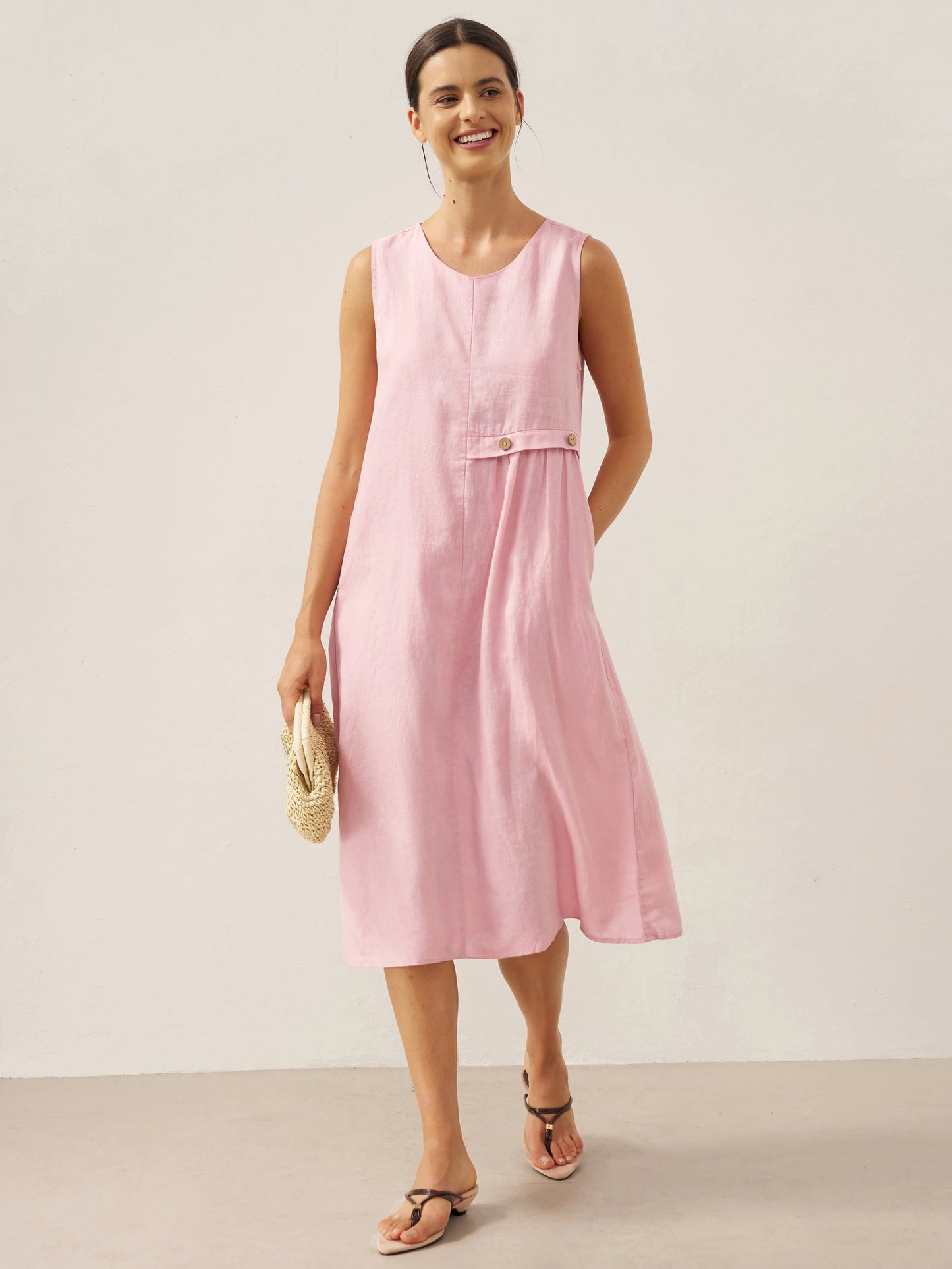 100% Linen Sleeveless Midi Dress with Accordion Pleats and Pockets – Elegant Women's Summer Dress