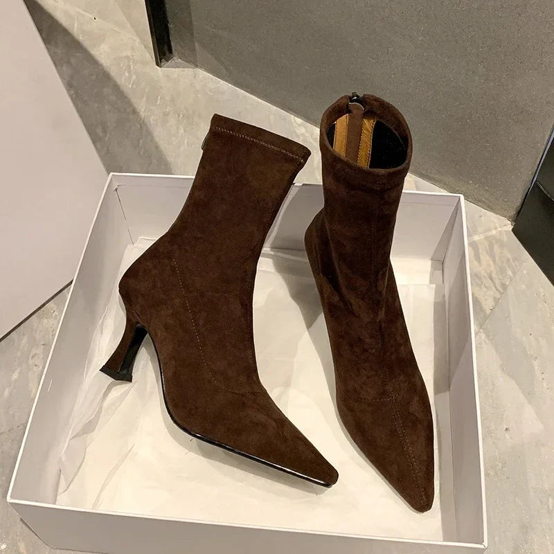 Elegant Pointed Toe Sock Boots with Mid-Height Stiletto Heel – Versatile Suede-Like Ankle Boots