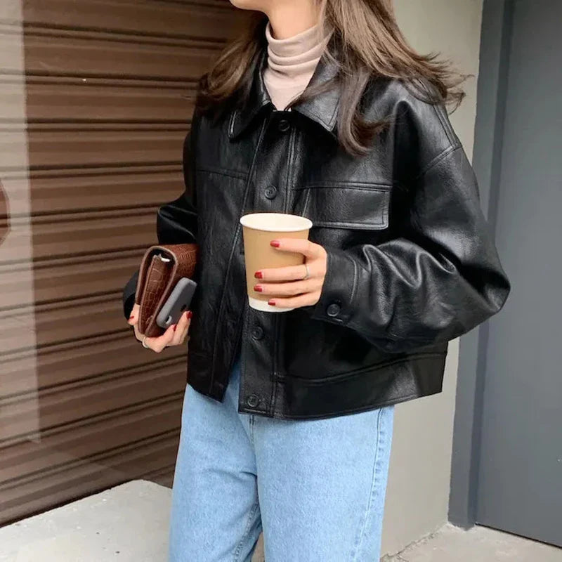 Stylish Faux Leather Jacket with Boxy Cut for Effortless Street-Chic Looks
