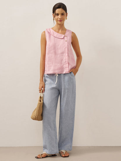 100% Linen Sleeveless Women's Top with Crescent Collar and Asymmetric Placket - Eco-Friendly Blouse for Women