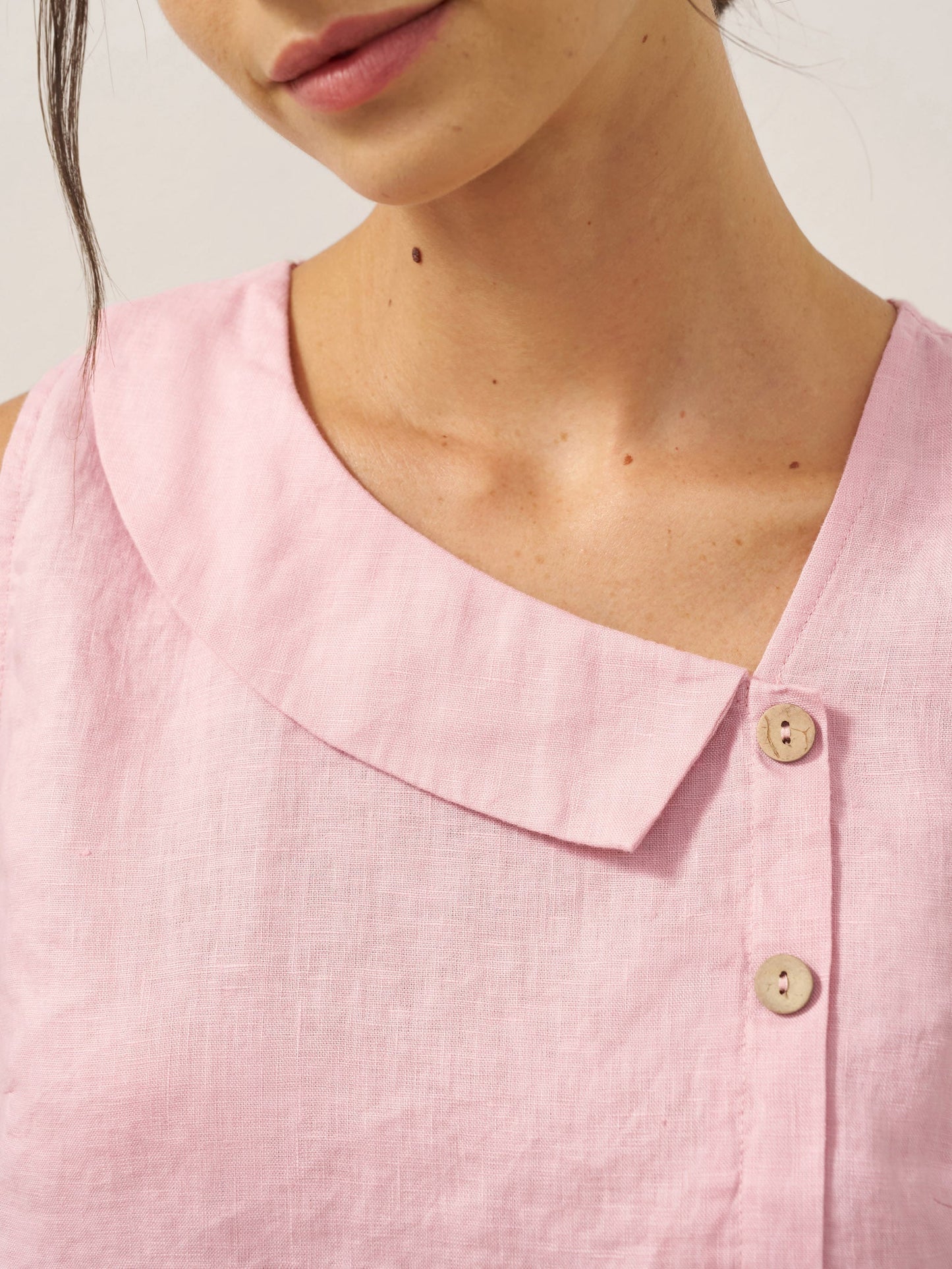 100% Linen Sleeveless Women's Top with Crescent Collar and Asymmetric Placket - Eco-Friendly Blouse for Women