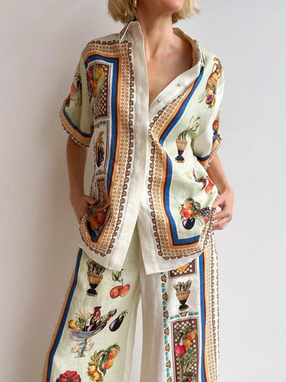 Linen Vacation Drawstring Long Pants Set