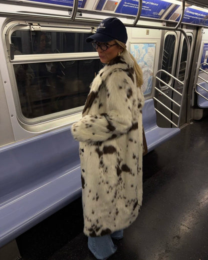 Dallas Faux Fur Cow Print Coat – Cozy Longline Jacket for Bold Fashion Statements