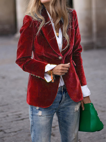 Deep Emerald Velvet Blazer with Gold Button Accents – Elegant Tailored Fit for Women