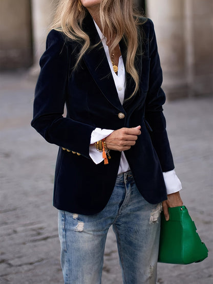 Deep Emerald Velvet Blazer with Gold Button Accents – Elegant Tailored Fit for Women