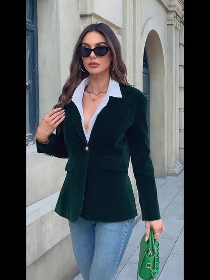 Deep Emerald Velvet Blazer with Gold Button Accents – Elegant Tailored Fit for Women