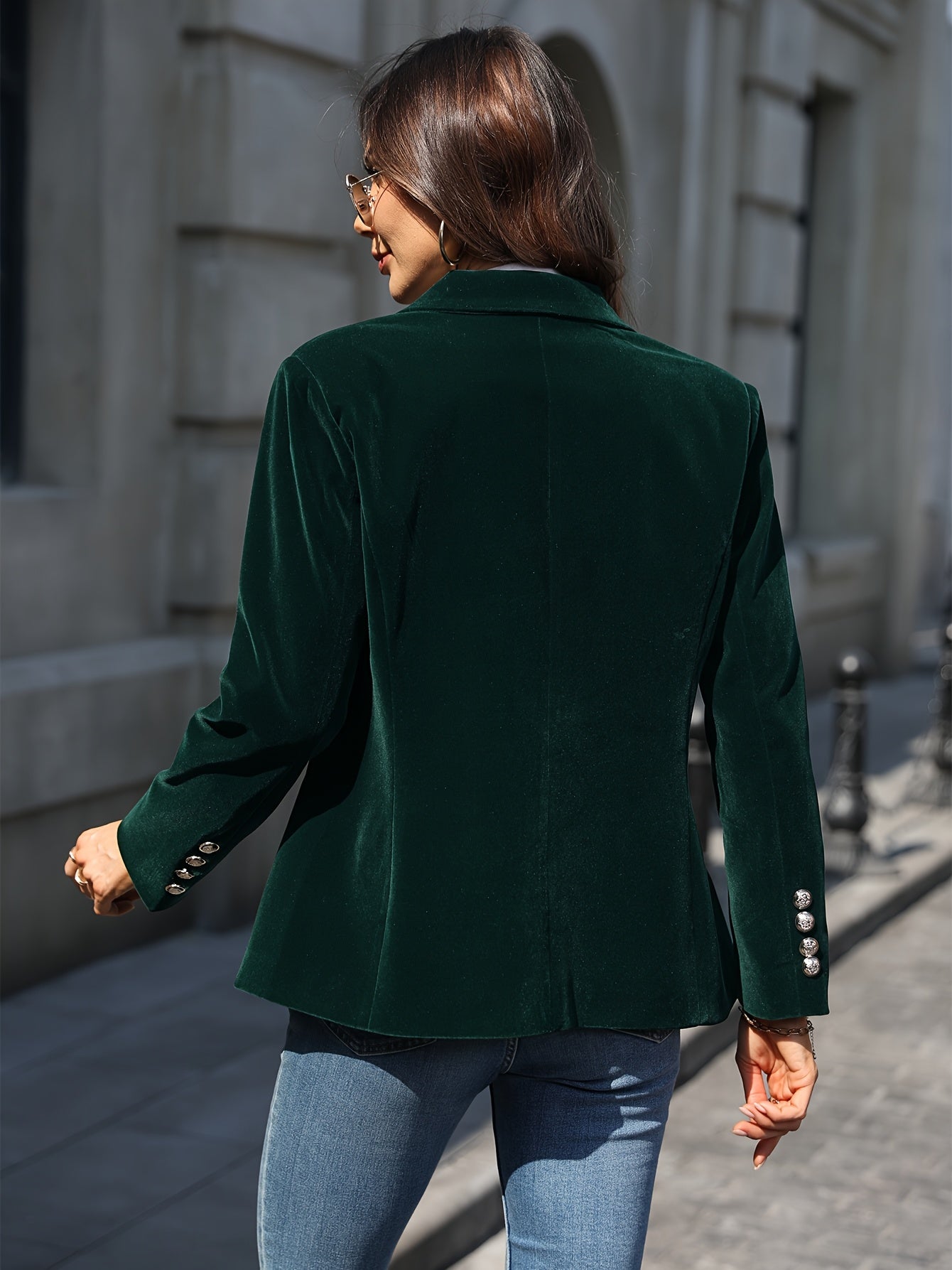 Deep Emerald Velvet Blazer with Gold Button Accents – Elegant Tailored Fit for Women