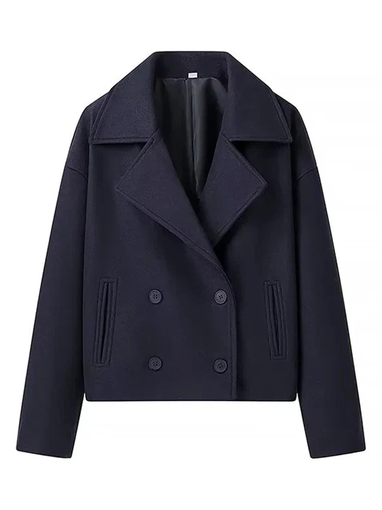 Double Breasted Cropped Women's Coat with Classic Lapels – Versatile Layer for Casual and Formal Style