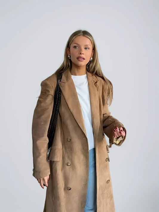 Elegant Longline Coat for Women with Structured Lapel – Versatile Outer Layer for Any Occasion