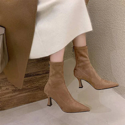 Elegant Pointed Toe Sock Boots with Mid-Height Stiletto Heel – Versatile Suede-Like Ankle Boots
