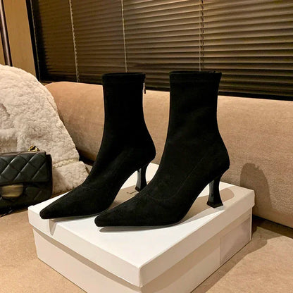 Elegant Pointed Toe Sock Boots with Mid-Height Stiletto Heel – Versatile Suede-Like Ankle Boots