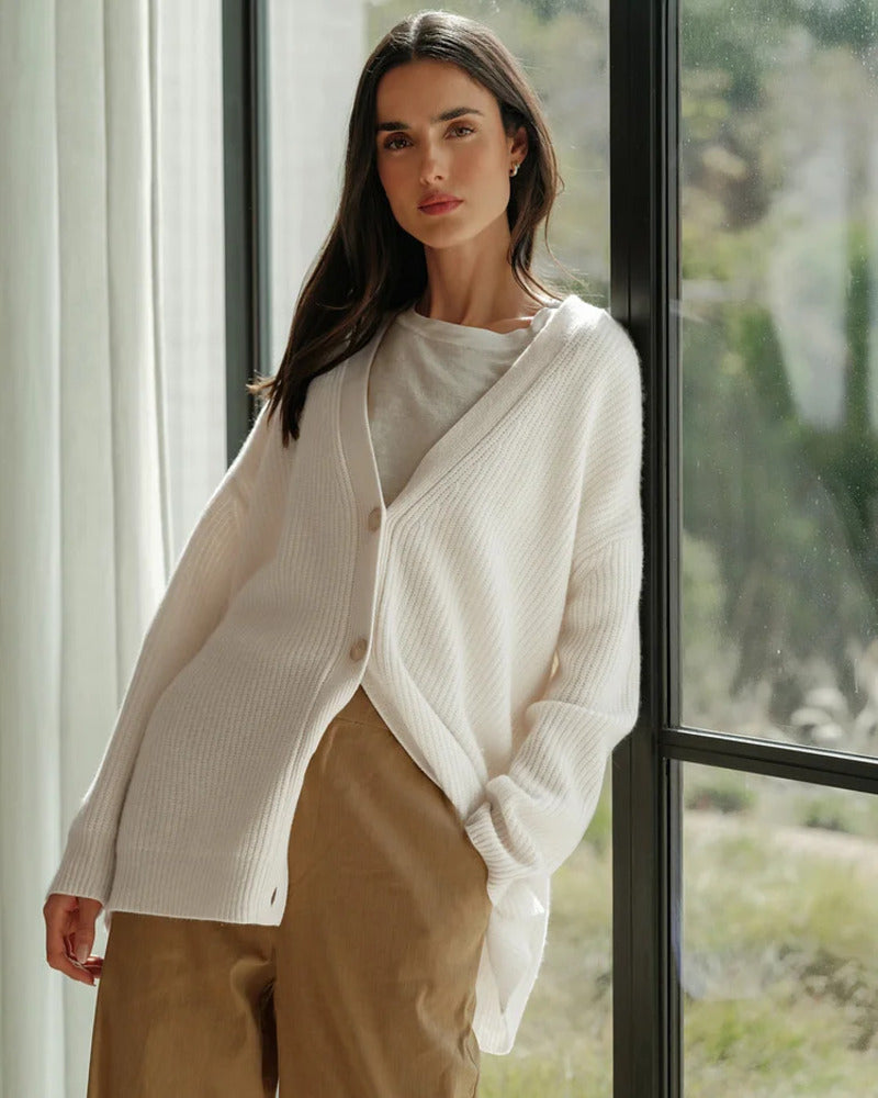 Ribbed Button Cardigan for Women - Soft V-Neck Knit Sweater with Relaxed Fit