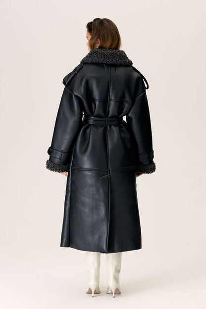 Shearling Trench Coat with Oversized Collar and Sculpted Waist Belt – Luxurious Cold-Weather Outerwear