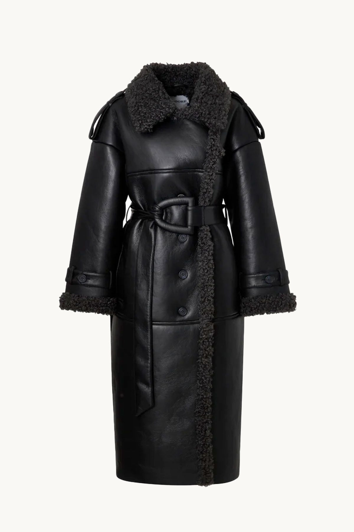 Shearling Trench Coat with Oversized Collar and Sculpted Waist Belt – Luxurious Cold-Weather Outerwear