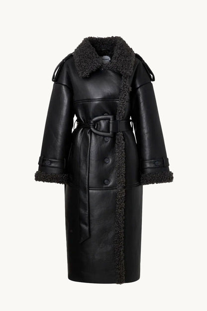 Shearling Trench Coat with Oversized Collar and Sculpted Waist Belt – Luxurious Cold-Weather Outerwear