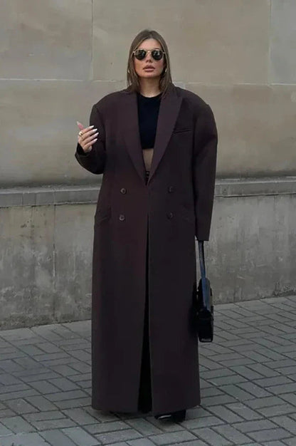 Structured Longline Coat with Padded Shoulders – Elegant Winter Outerwear