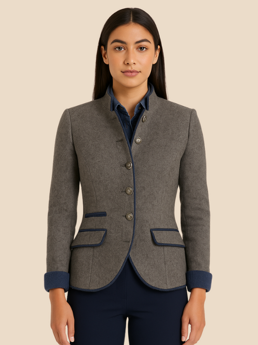 Vintage Buttoned Blazer with Stand-Up Collar and Two-Tone Design – Stylish Women's Outerwear for Casual and Formal Occasions