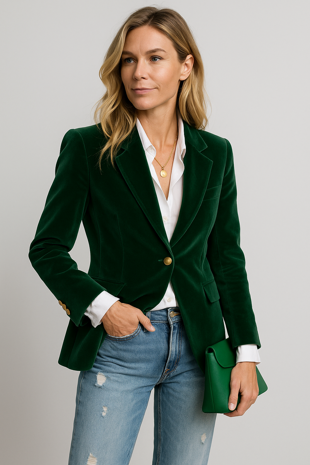 Women's Emerald Velvet Blazer with Gold-Tone Buttons – Elegant Single-Breasted Structured Fit for Any Occasion